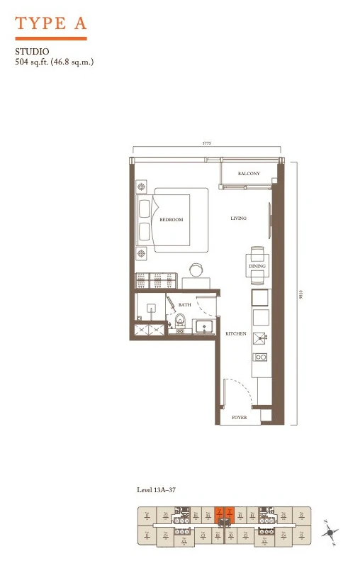 Type A studio floor plan, Pavilion Square