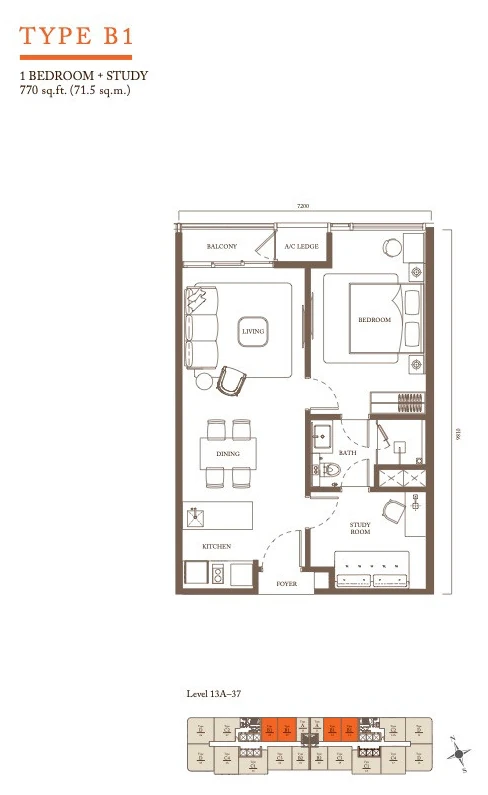 Type B1 one bedroom plus study floor plan, Pavilion Square