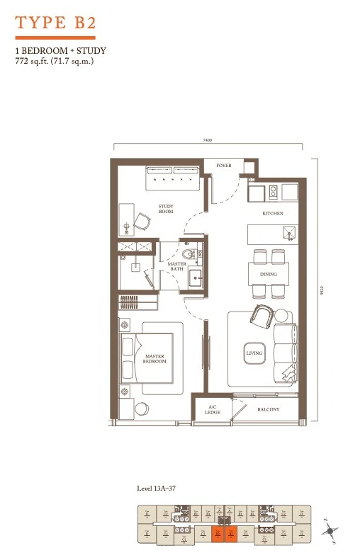 Type B2 one bedroom plus study floor plan, Pavilion Square
