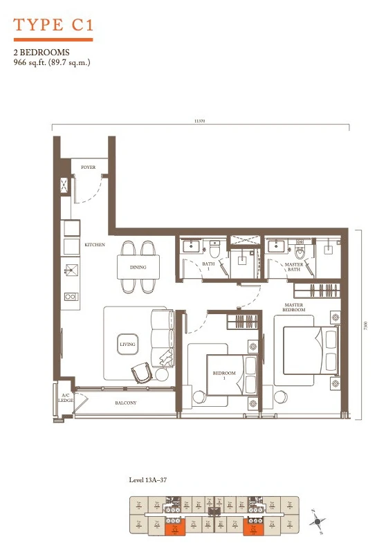 Type C1 two bedroom floor plan, Pavilion Square