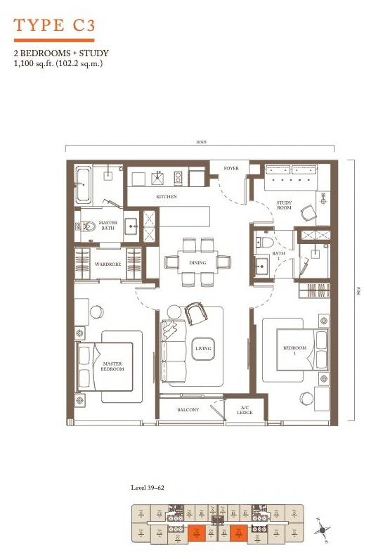 Type C3 two bedroom plus study floor plan, Pavilion Square