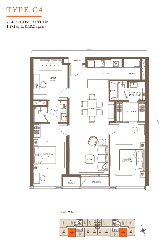 Type C4 two bedroom plus study floor plan, Pavilion Square