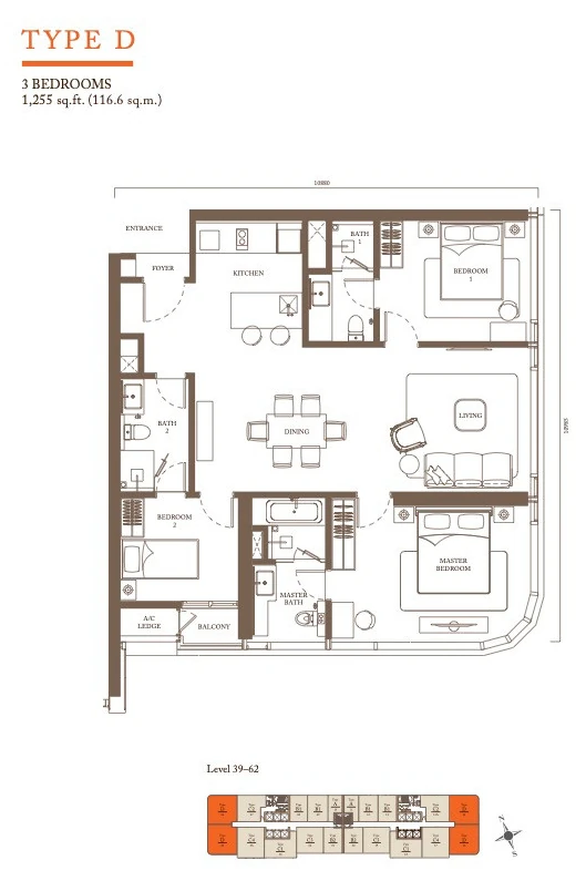 Type D three bedroom floor plan, Pavilion Square