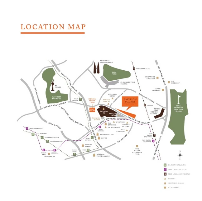 Location map of Pavilion Square on Jalan Raja Chulan, Bukit Bintang Kuala Lumpur