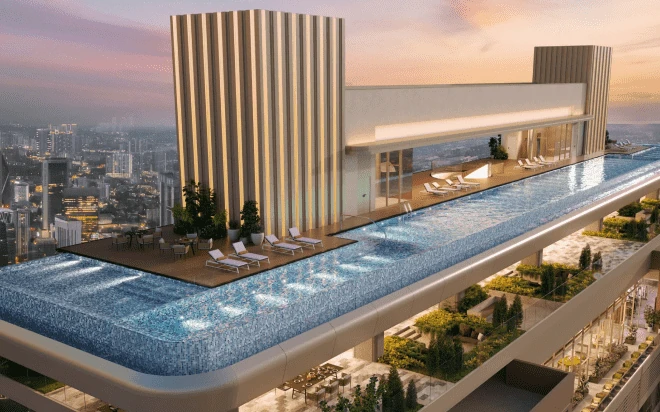 Rooftop sky deck and infinity pool above the city